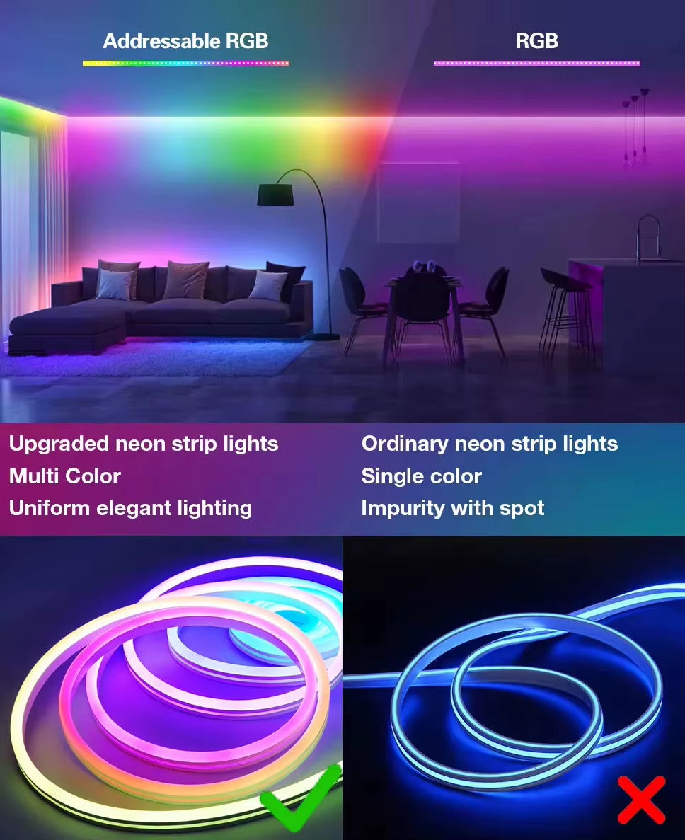Bluetooth RGB Neon LED Strip Lights Waterproof Christmas Flexible Rope Lights USB App/Remote Control for Gaming Room Decorations