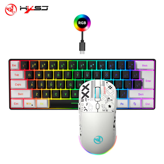 -60% RGB Backlit Gaming Keyboard and Mouse Set 61-Key Wired Keyboard 3-Mode Optical Gaming Wireless Mouse for Laptop PC