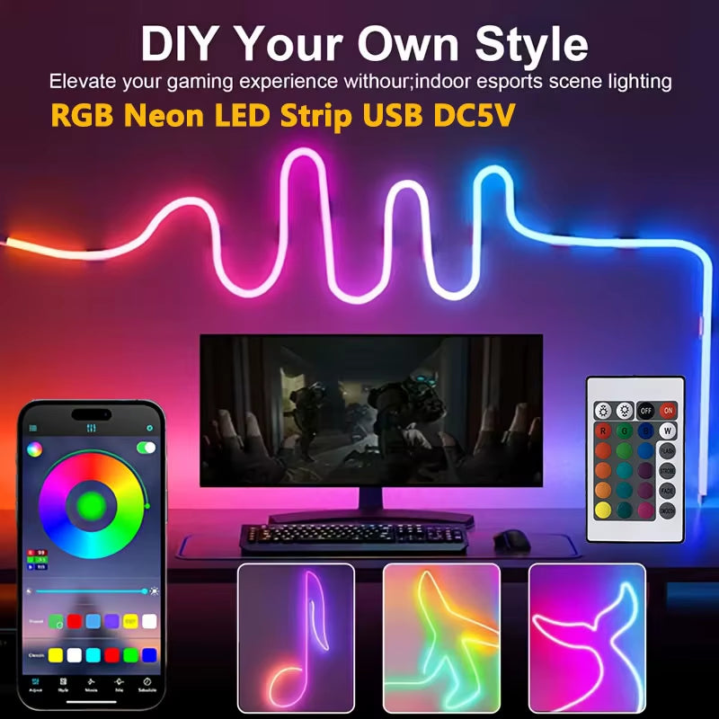 Bluetooth RGB Neon LED Strip Lights Waterproof Christmas Flexible Rope Lights USB App/Remote Control for Gaming Room Decorations