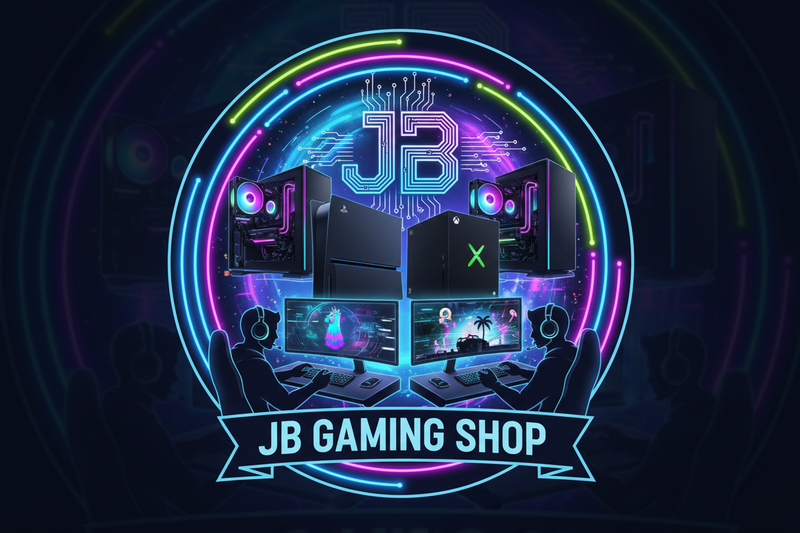 make a logo with gaming pc playstations xboxs get people playing games on gaming setups fortnite grand theft auto 5 etc with the name JB Gaming Shop